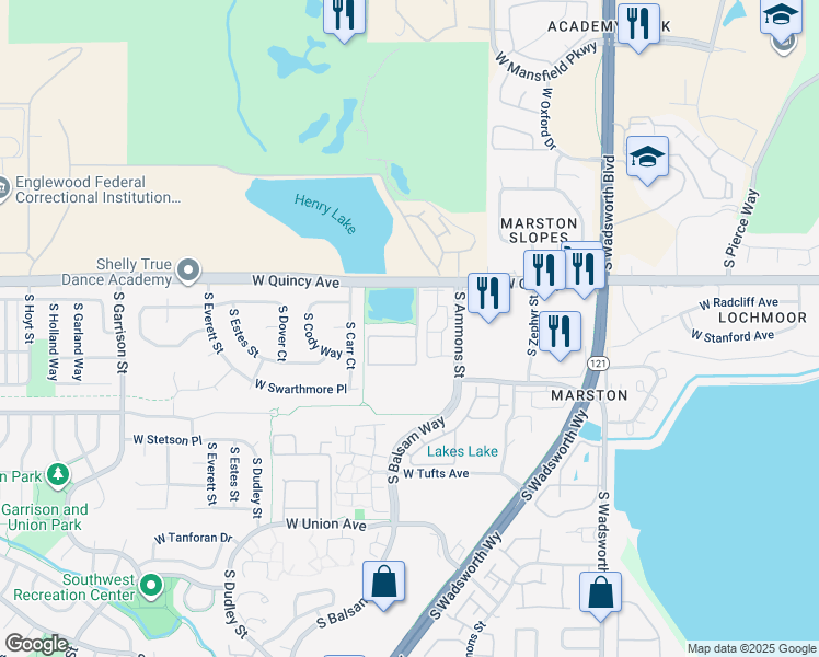 map of restaurants, bars, coffee shops, grocery stores, and more near 4385 South Balsam Street in Denver