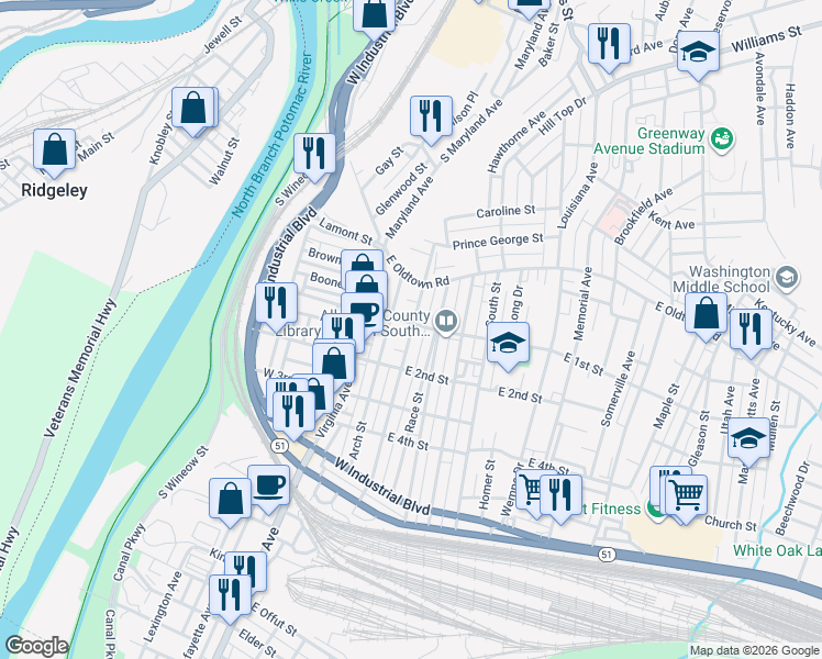 map of restaurants, bars, coffee shops, grocery stores, and more near 25 Grand Avenue in Cumberland