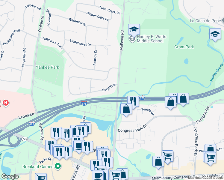 map of restaurants, bars, coffee shops, grocery stores, and more near 1029 Beryl Trail in Montgomery County