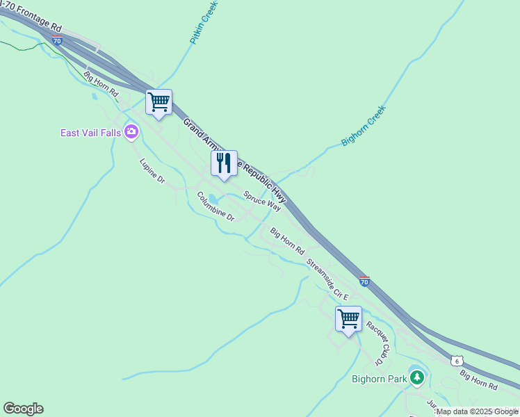 map of restaurants, bars, coffee shops, grocery stores, and more near 4295 Columbine Drive in Vail
