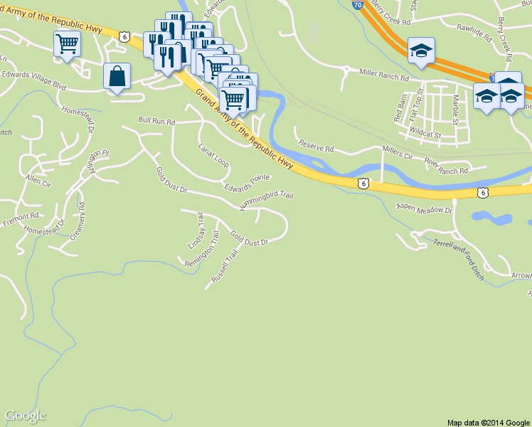map of restaurants, bars, coffee shops, grocery stores, and more near 587 Gold Dust Drive in Edwards