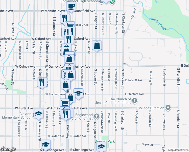 map of restaurants, bars, coffee shops, grocery stores, and more near 4365 South Logan Street in Englewood