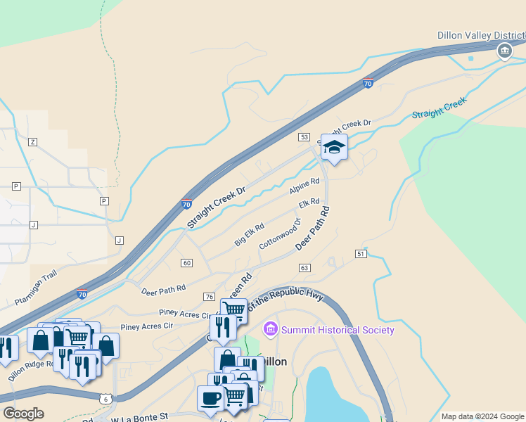 map of restaurants, bars, coffee shops, grocery stores, and more near 252 Alpine Road in Dillon