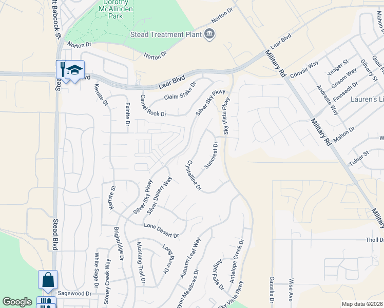 map of restaurants, bars, coffee shops, grocery stores, and more near 9801 Crystalline Drive in Reno