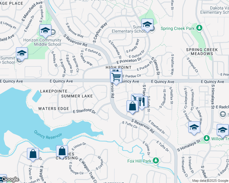 map of restaurants, bars, coffee shops, grocery stores, and more near 19339 East Quincy Place in Aurora