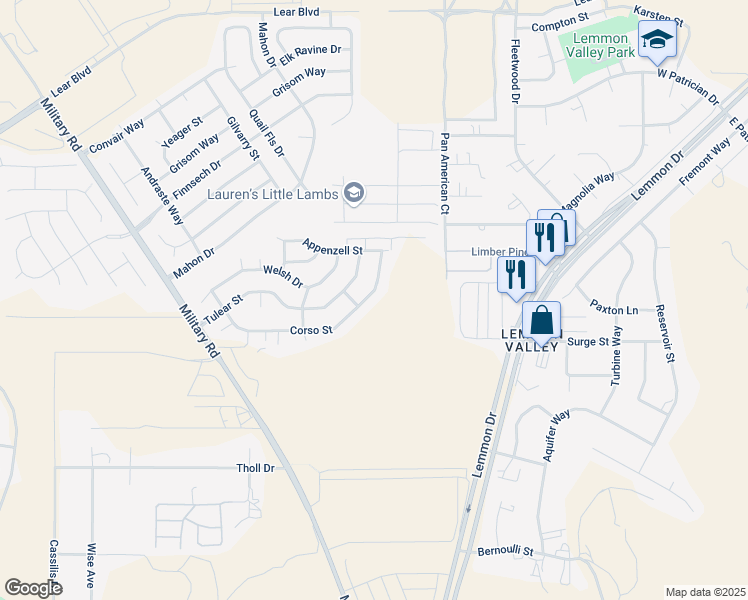 map of restaurants, bars, coffee shops, grocery stores, and more near 7638 Corso Street in Reno
