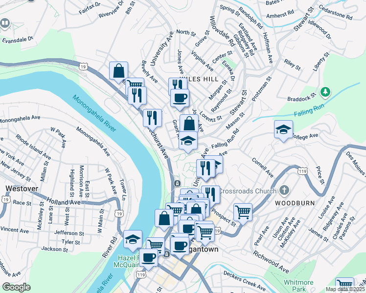 map of restaurants, bars, coffee shops, grocery stores, and more near 2 Grant Avenue in Morgantown