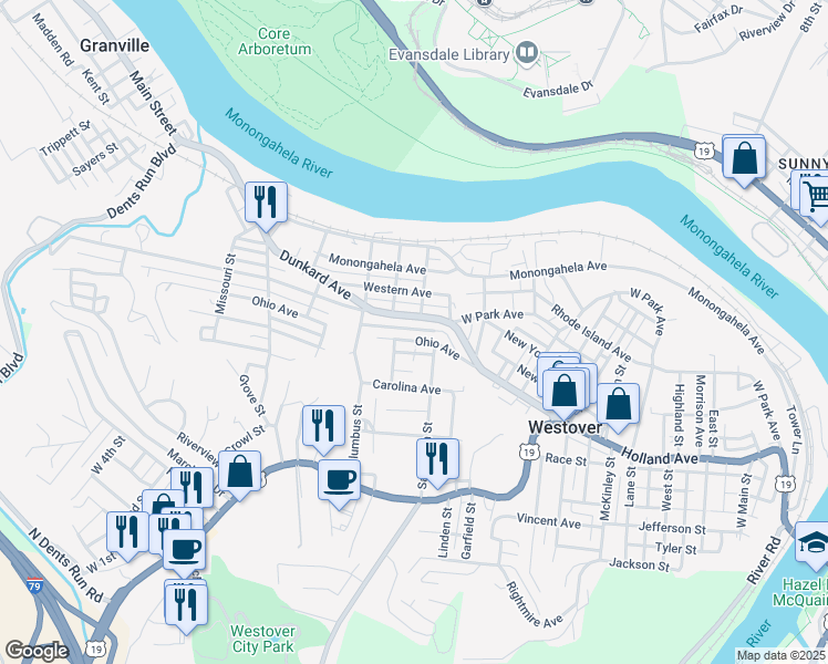 map of restaurants, bars, coffee shops, grocery stores, and more near 116 Poling Avenue in Westover
