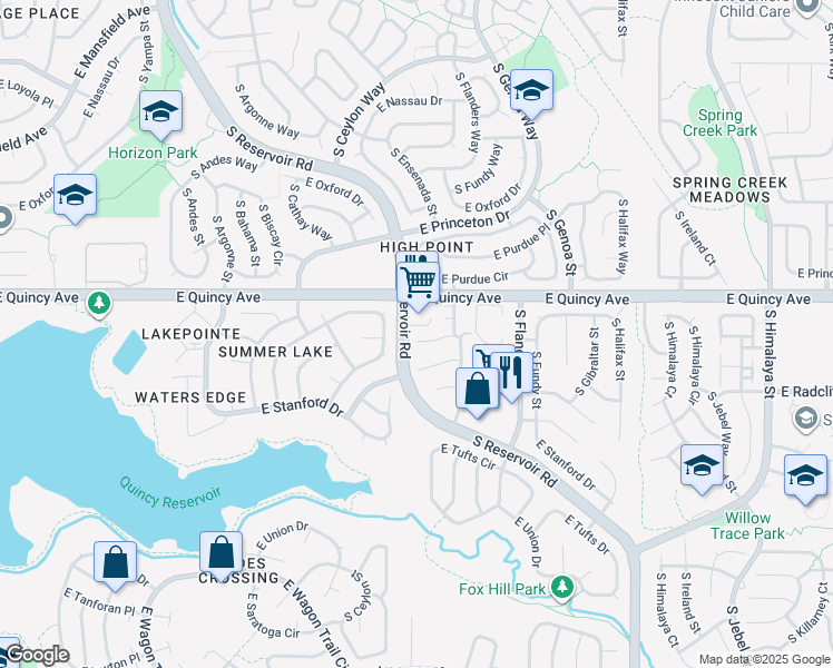 map of restaurants, bars, coffee shops, grocery stores, and more near 19339 East Quincy Place in Aurora