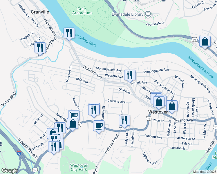 map of restaurants, bars, coffee shops, grocery stores, and more near 152 Ohio Avenue in Westover