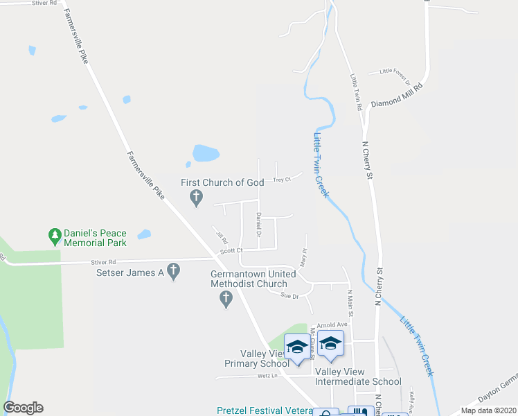map of restaurants, bars, coffee shops, grocery stores, and more near 38 Daniel Drive in Germantown