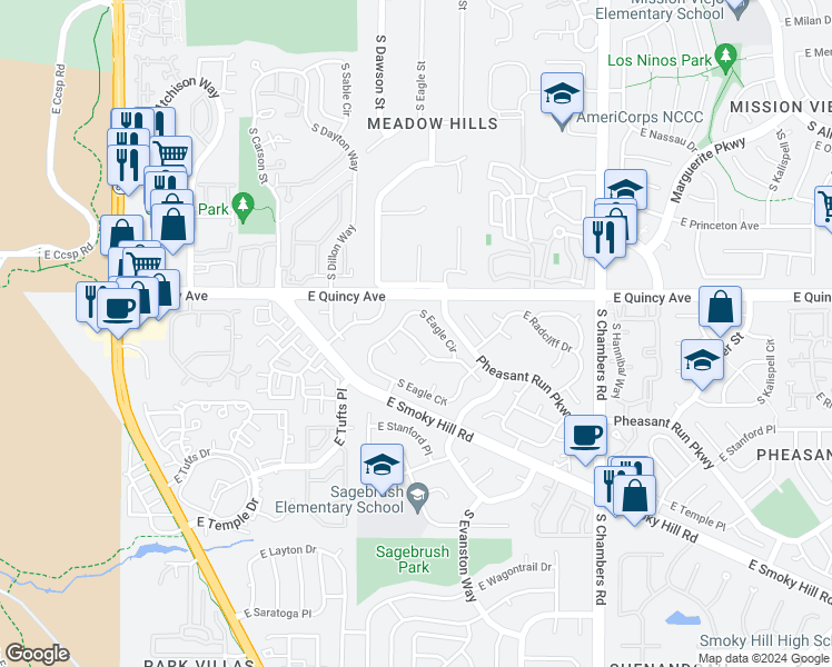 map of restaurants, bars, coffee shops, grocery stores, and more near 14659 East Radcliff Place in Aurora