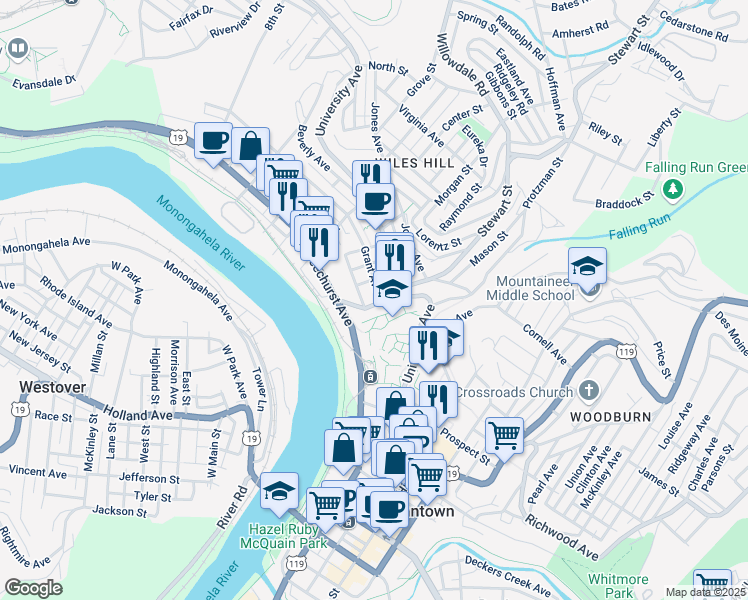 map of restaurants, bars, coffee shops, grocery stores, and more near 203 Grant Avenue in Morgantown