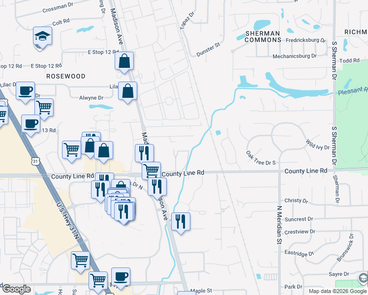 map of restaurants, bars, coffee shops, grocery stores, and more near 2832 East County Line Road in Indianapolis