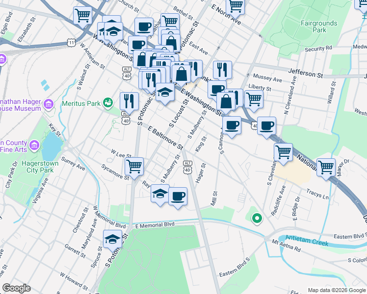 map of restaurants, bars, coffee shops, grocery stores, and more near 158 S Mulberry St in Hagerstown