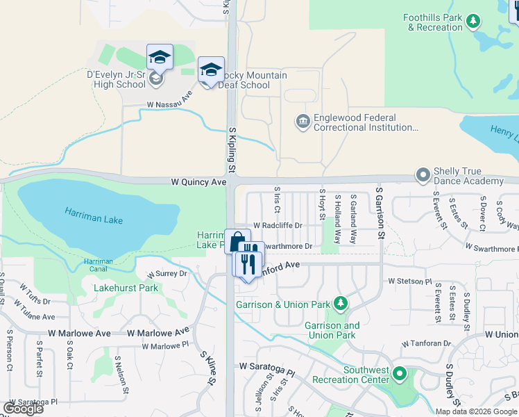 map of restaurants, bars, coffee shops, grocery stores, and more near 4373 South Jellison Way in Littleton