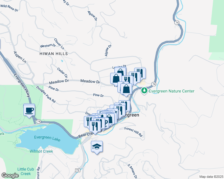 map of restaurants, bars, coffee shops, grocery stores, and more near 28000 Meadow Drive in Evergreen