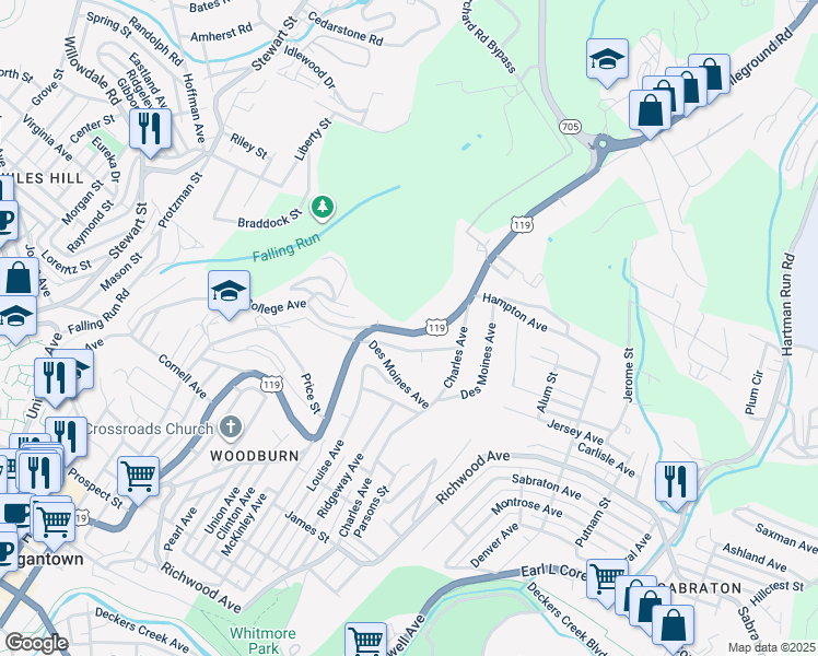 map of restaurants, bars, coffee shops, grocery stores, and more near 1443 Willey Street in Morgantown