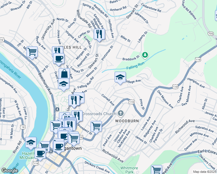 map of restaurants, bars, coffee shops, grocery stores, and more near 1005 Revere Street in Morgantown