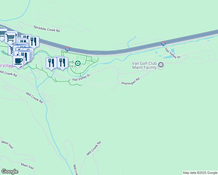 map of restaurants, bars, coffee shops, grocery stores, and more near 925 Fairway Drive in Vail