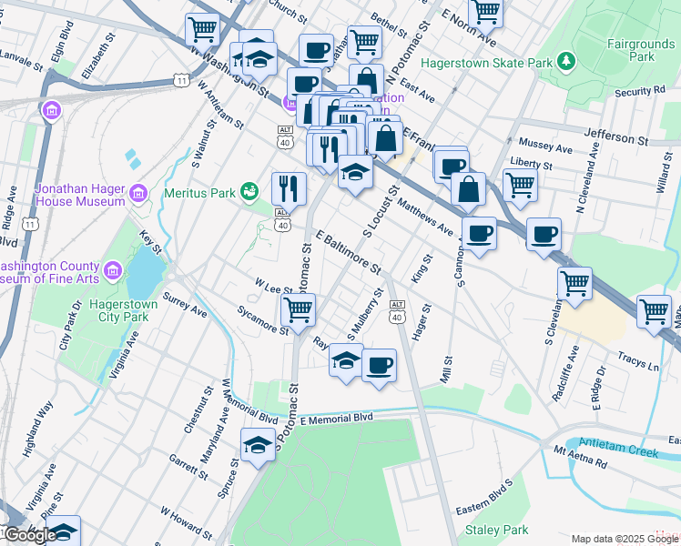 map of restaurants, bars, coffee shops, grocery stores, and more near 227 South Locust Street in Hagerstown