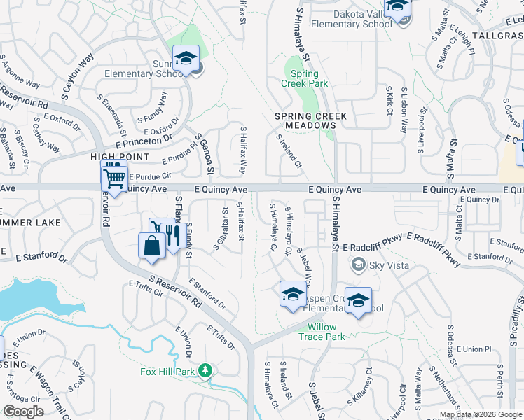 map of restaurants, bars, coffee shops, grocery stores, and more near 4330 South Halifax Way in Aurora