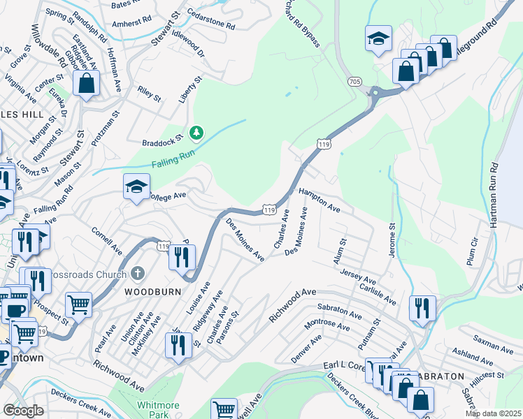 map of restaurants, bars, coffee shops, grocery stores, and more near 1443 Willey Street in Morgantown