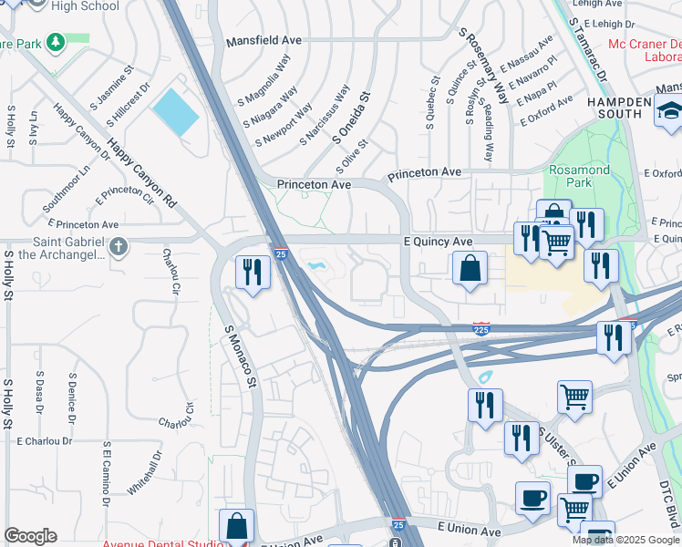 map of restaurants, bars, coffee shops, grocery stores, and more near 7000 East Quincy Avenue in Denver