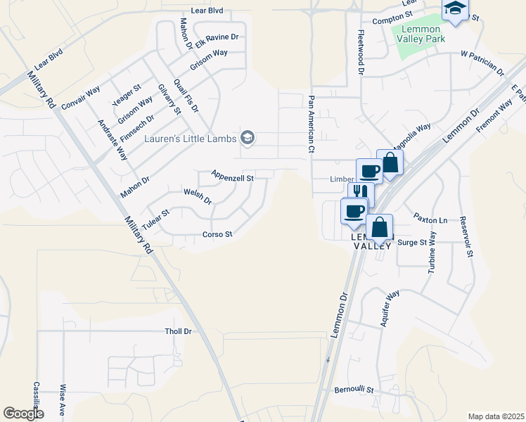 map of restaurants, bars, coffee shops, grocery stores, and more near 7638 Corso Street in Reno