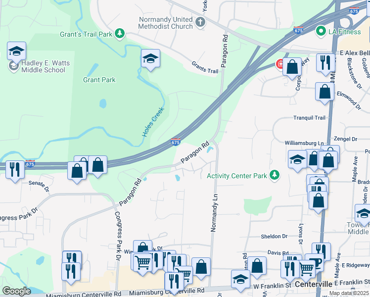 map of restaurants, bars, coffee shops, grocery stores, and more near 7383 Paragon Road in Montgomery County