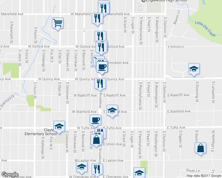 map of restaurants, bars, coffee shops, grocery stores, and more near 4360 South Lincoln Street in Englewood
