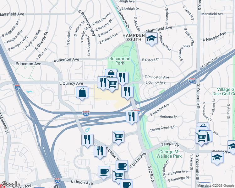 map of restaurants, bars, coffee shops, grocery stores, and more near 8000 East Quincy Avenue in Denver