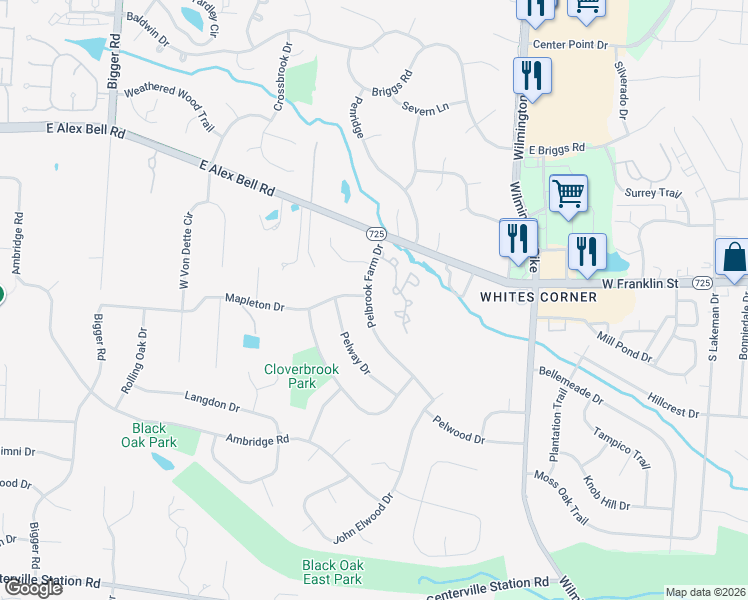 map of restaurants, bars, coffee shops, grocery stores, and more near 7513 Pelbrook Farm Drive in Dayton
