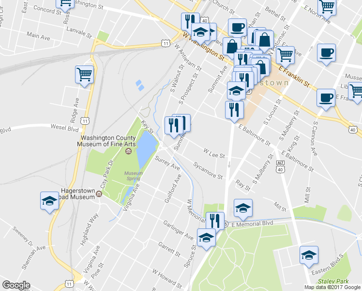 map of restaurants, bars, coffee shops, grocery stores, and more near 318 Summit Ave in Hagerstown