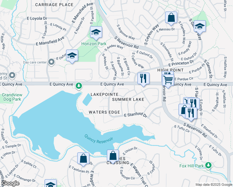 map of restaurants, bars, coffee shops, grocery stores, and more near 18773 East Quinn Place in Aurora