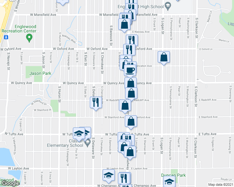 map of restaurants, bars, coffee shops, grocery stores, and more near 4381 South Acoma Street in Englewood