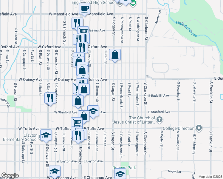 map of restaurants, bars, coffee shops, grocery stores, and more near 4365 South Logan Street in Englewood