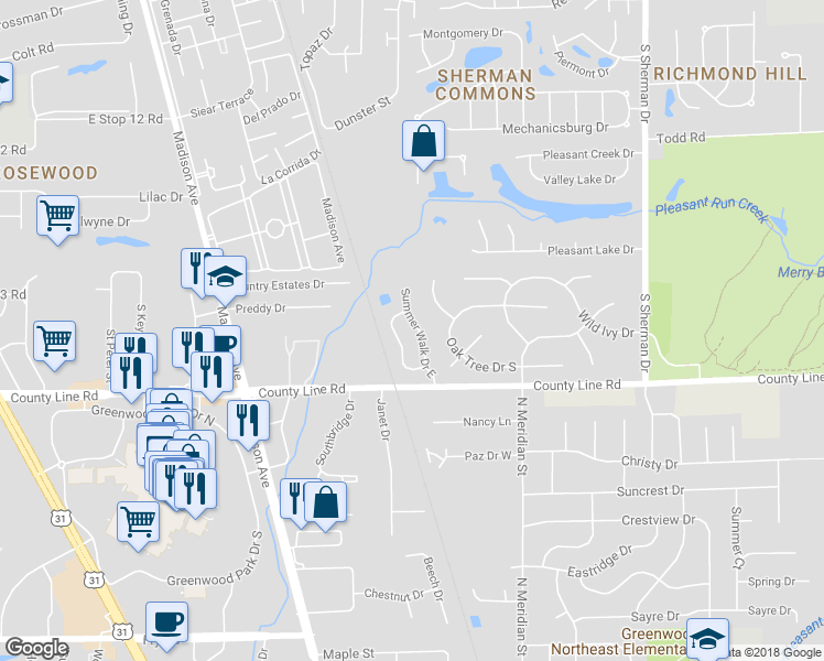 map of restaurants, bars, coffee shops, grocery stores, and more near 8854 Summer Walk Drive East in Indianapolis