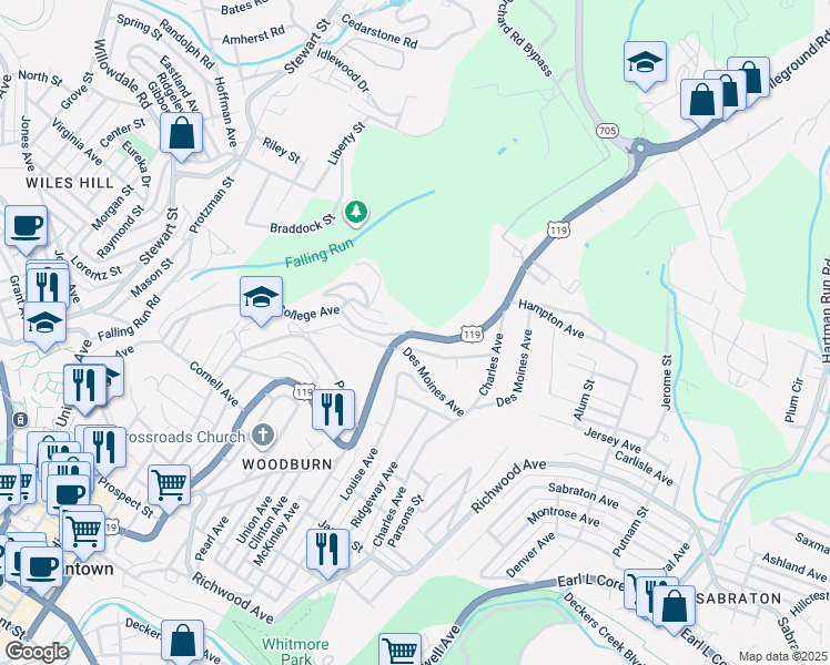 map of restaurants, bars, coffee shops, grocery stores, and more near 1401 Willey Street in Morgantown