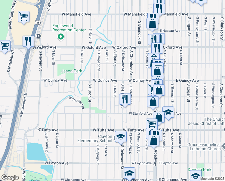 map of restaurants, bars, coffee shops, grocery stores, and more near 4353 South Elati Street in Englewood