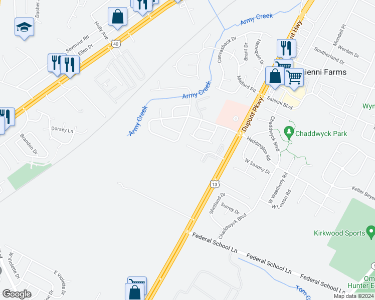 map of restaurants, bars, coffee shops, grocery stores, and more near 35 Blairville Road in New Castle