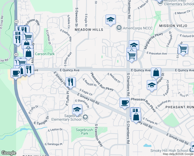 map of restaurants, bars, coffee shops, grocery stores, and more near 4341 South Evanston Court in Aurora