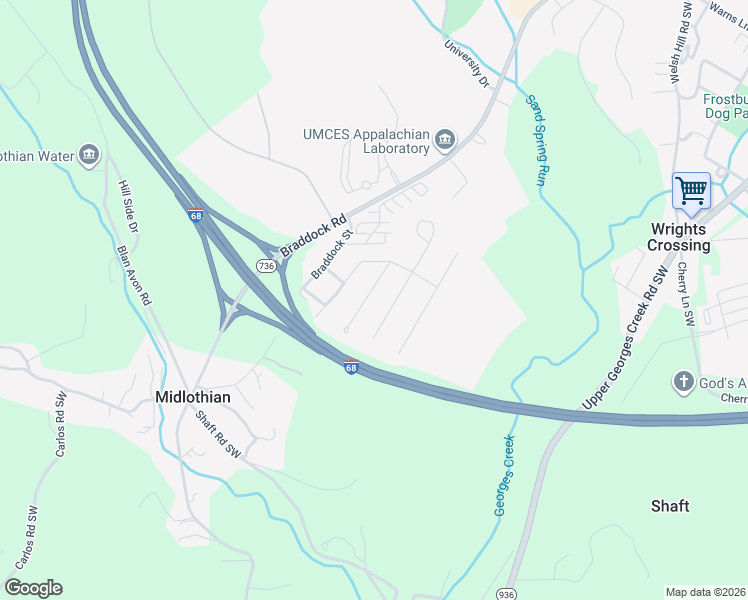 map of restaurants, bars, coffee shops, grocery stores, and more near 79 Meadow Road in Frostburg