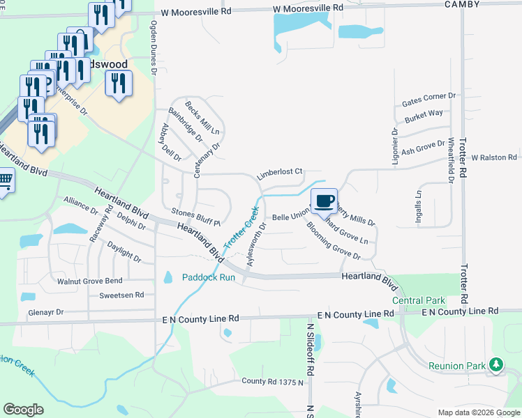 map of restaurants, bars, coffee shops, grocery stores, and more near 8630 Aylesworth Drive in Indianapolis