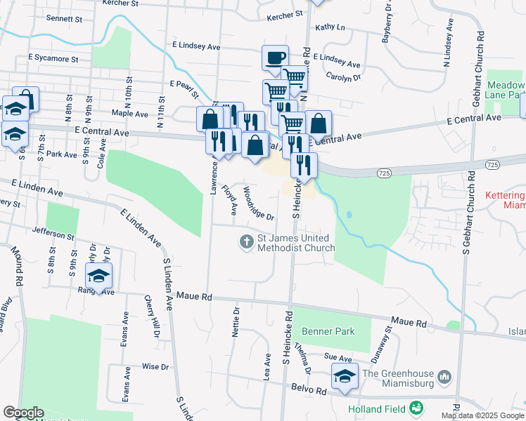 map of restaurants, bars, coffee shops, grocery stores, and more near 236 Woodridge Drive in Miamisburg