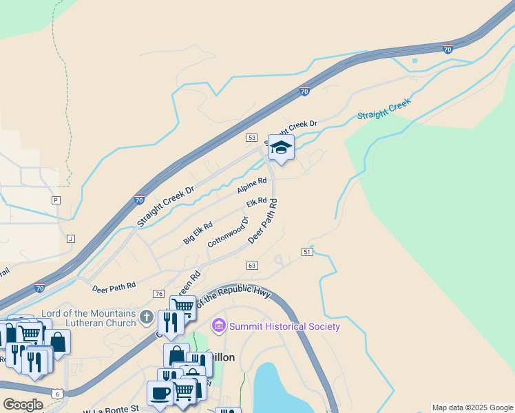 map of restaurants, bars, coffee shops, grocery stores, and more near 394 Big Elk Road in Dillon