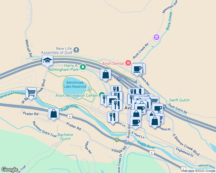 map of restaurants, bars, coffee shops, grocery stores, and more near 208 West Beaver Creek Boulevard in Avon