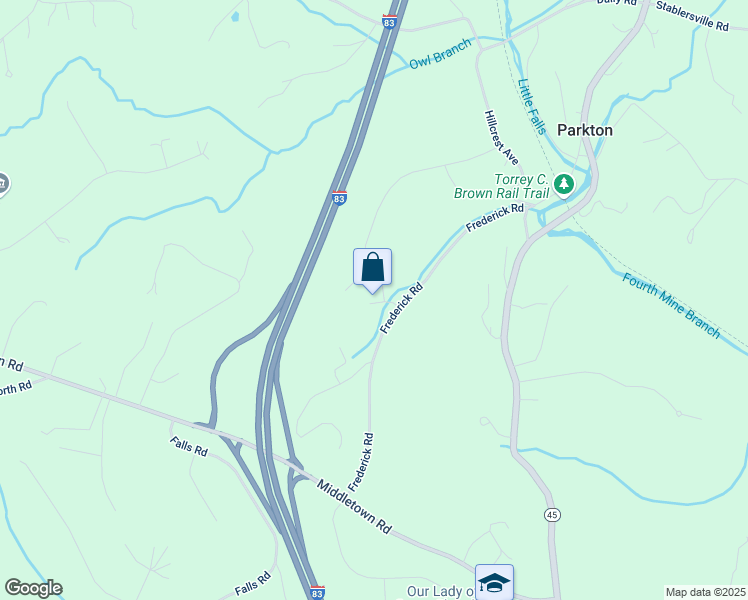 map of restaurants, bars, coffee shops, grocery stores, and more near 18700 Frederick Road in Parkton