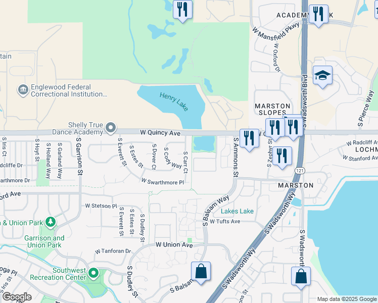 map of restaurants, bars, coffee shops, grocery stores, and more near 4378 South Carr Court in Littleton