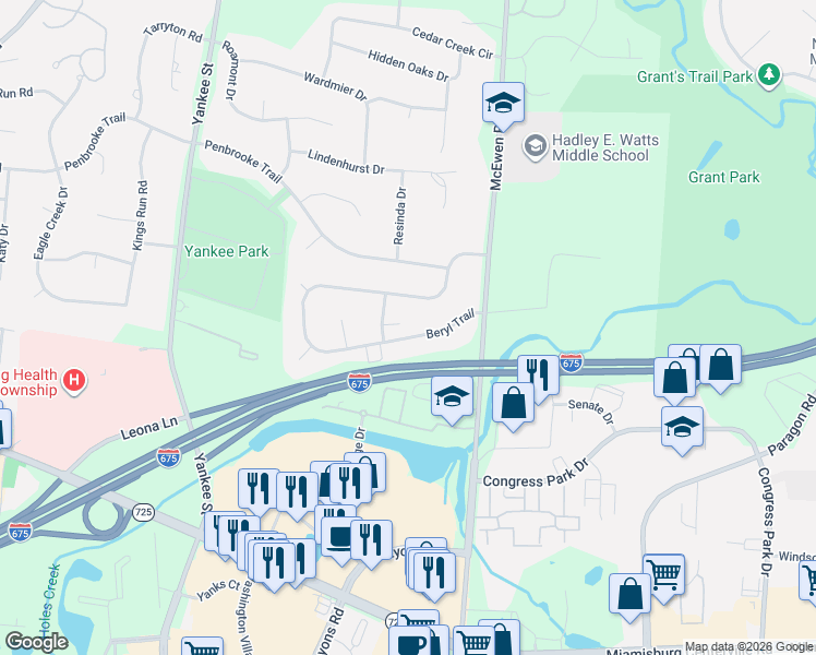 map of restaurants, bars, coffee shops, grocery stores, and more near 1059 Beryl Trail in Dayton